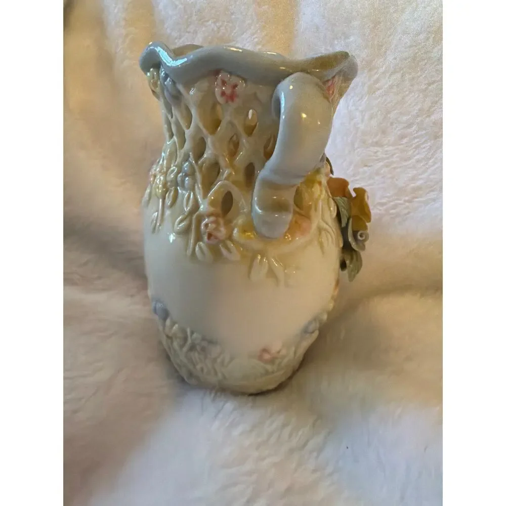 Vintage Porcelain Floral Vase Openwork Lattice Double Handle Pastel Flowers